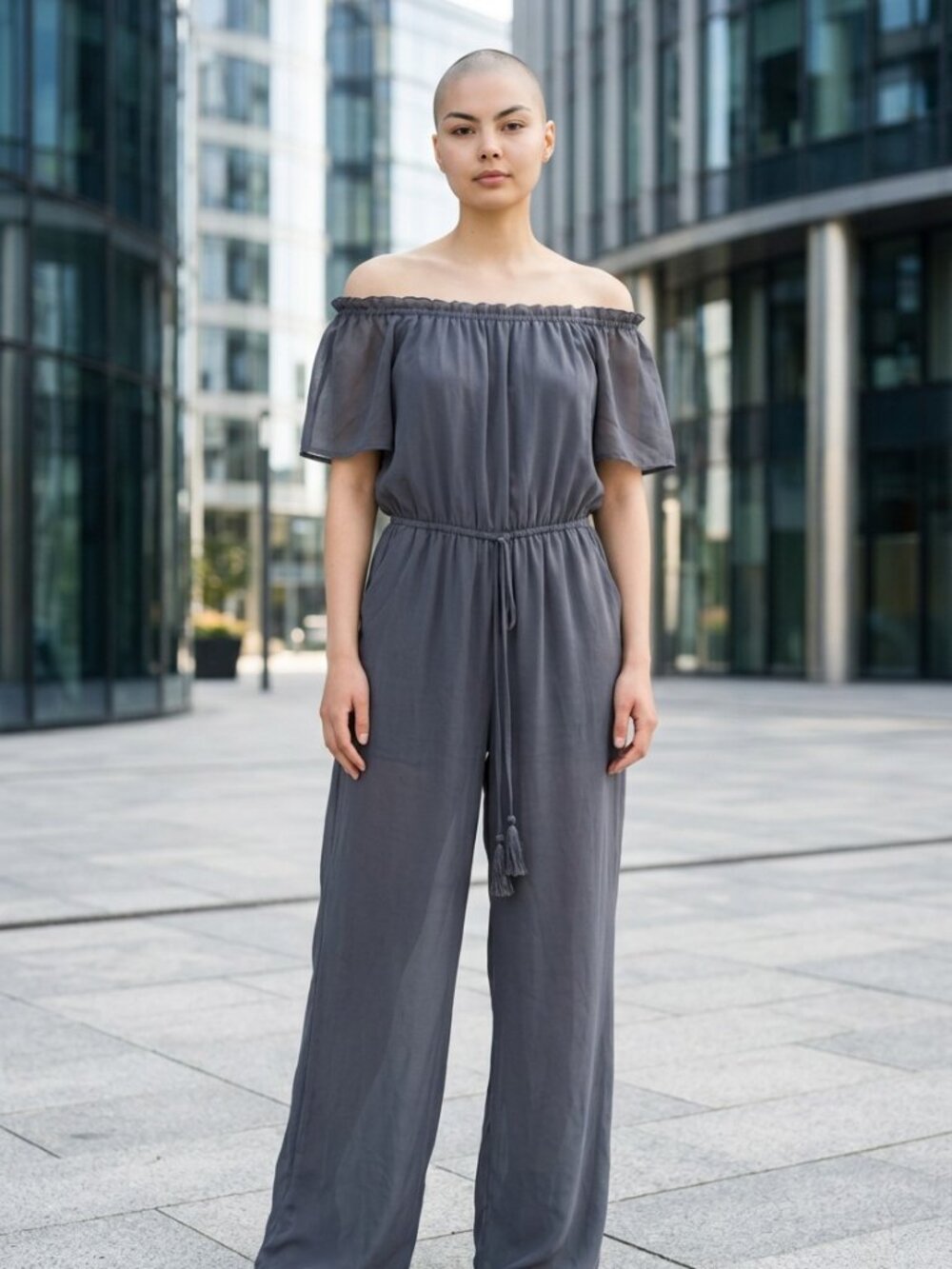 Elegant Black Off-Shoulder Wide-Leg Jumpsuit with Waist Tie